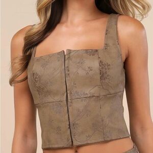 NWT Lulus Coveted Brown Floral Vegan Leather Bustier Crop Top Small